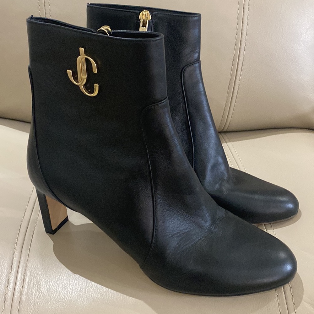 Jimmy Choo Black JC Gold Logo Leather Ankle Booties Size 7.5